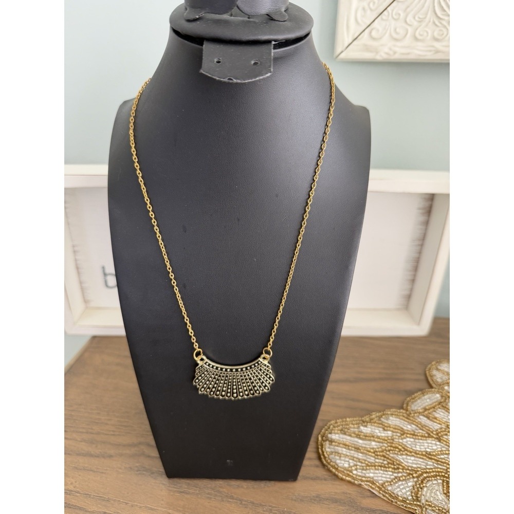 Boho Statement Necklace Black Enamel Gold Tone Fan Pendant Art Deco Y2K Chic